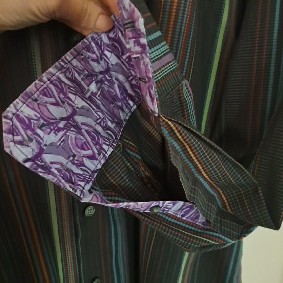 JERRY GARCIA Men's Multi Stripe Long Sleeve Button Down Gray Purple Trim Sz Lg - Picture 6 of 8